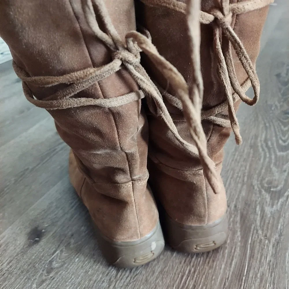 Vtg SKECHERS Tan Suede Leather Slouch Boot Mid Calf Tie Wrap Winter - Size 7